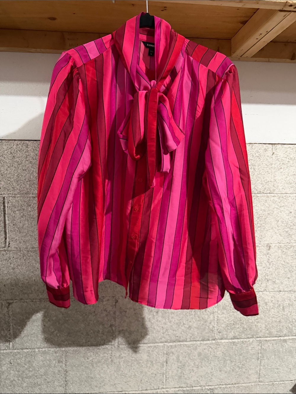 Express Pink and Red Striped Tie-Neck Blouse